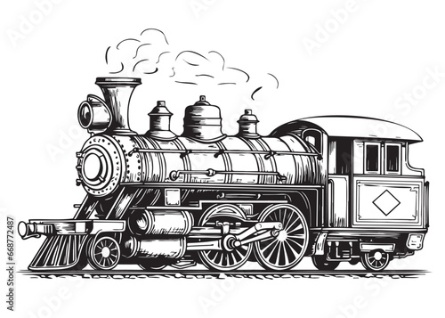 Steam locomotive vintage side view ,hand drawn sketch in doodle style Vector