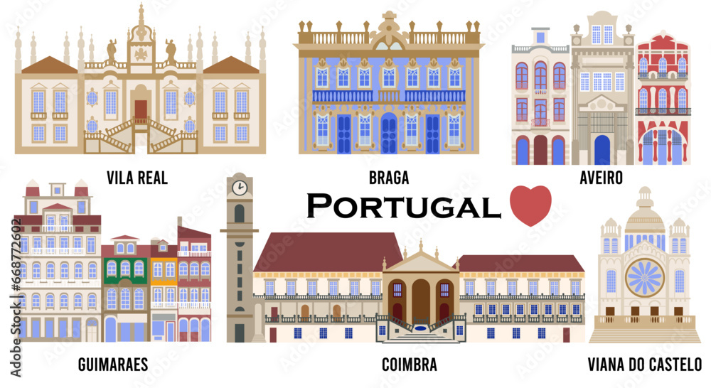 Set of Architectural landmarks of Portuguese European cities of Vila Real, BRAGA, Guimaraes, Coimbra, Viana do Castelo, Aveiro, flat illustrations for banners, souvenir cards, print on mugs plates.