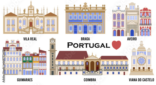 Set of Architectural landmarks of Portuguese European cities of Vila Real, BRAGA, Guimaraes, Coimbra, Viana do Castelo, Aveiro, flat illustrations for banners, souvenir cards, print on mugs plates.