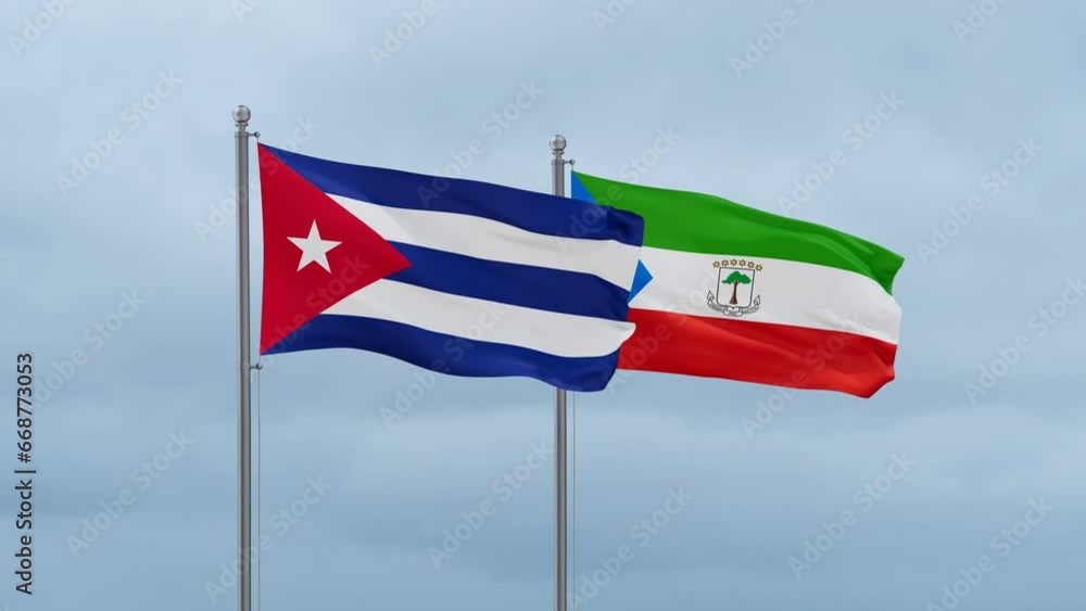 Equatorial Guinea flag and Cuba flag waving together on cloudy sky, endless seamless loop, two country relations concept Equatorial Guinea flag and Cuba flag waving together on cloudy sky, endless seamless loop, two country relations concept