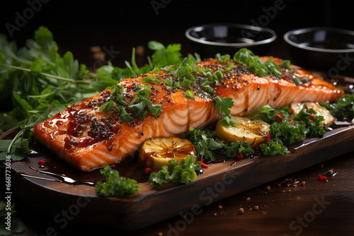 A mouthwatering display of expertly prepared salmon, captured in high quality product photography. Ai generated