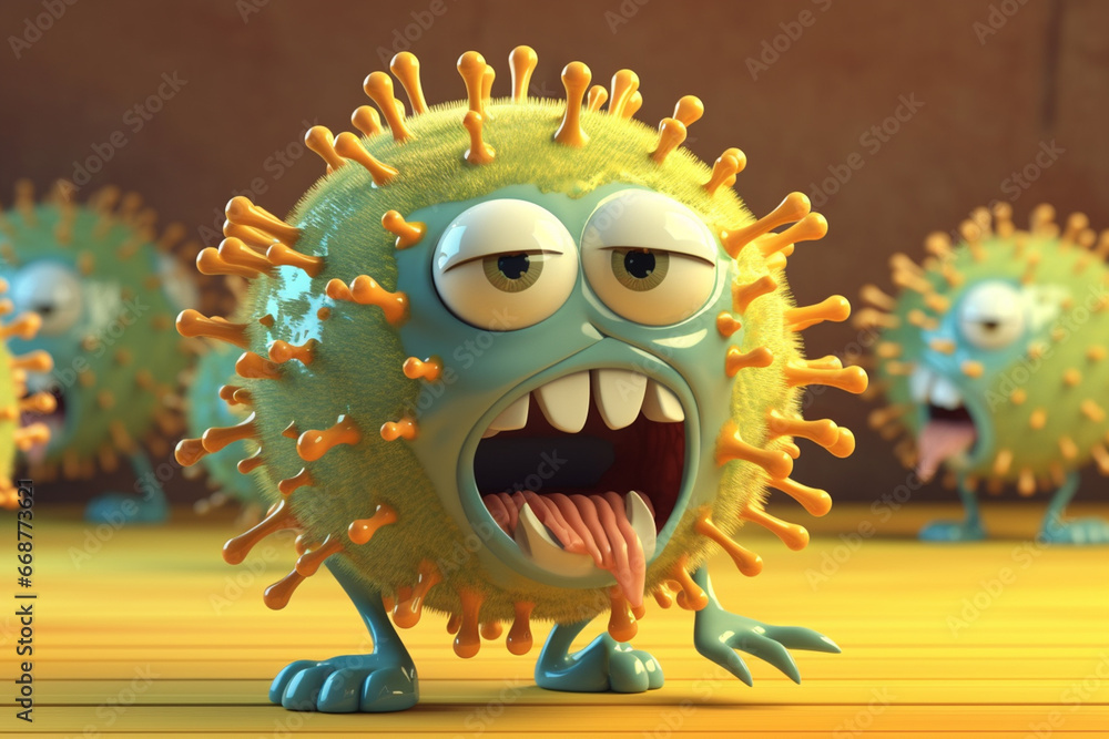 Fototapeta premium Cute blue virus character. 3d render illustration on blue background