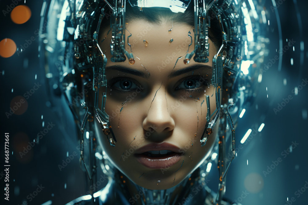 A futuristic metaverse concept merging female faces with AI robotics for a new reality. Ai generated