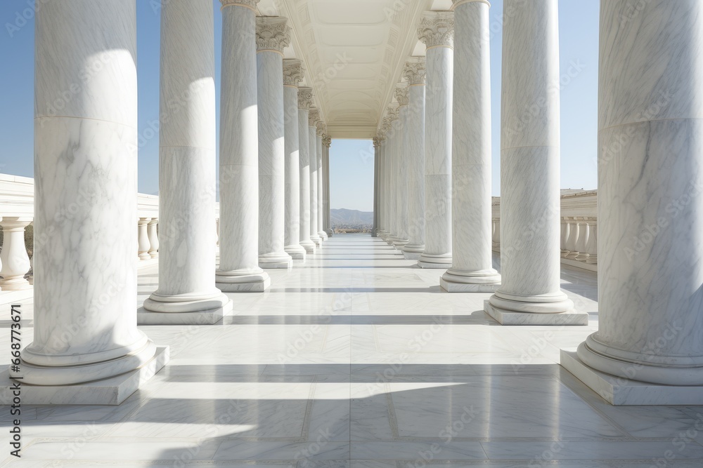 Marble columns colonnade and floor detail. Classical pillars row, building entrance Marble columns colonnade and floor detail. Classical pillars row, building entrance