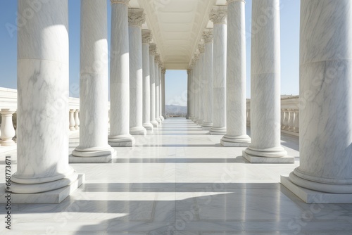 Marble columns colonnade and floor detail. Classical pillars row, building entrance