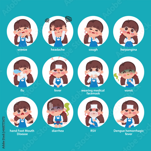 Children symptoms of sick. Cartoon child with fever, snot, cough and sore throat. Influenza or cold vector infographic. Illustration of symptoms kid, flu or infection illness.