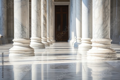 Marble columns colonnade and floor detail. Classical pillars row, building entrance photo