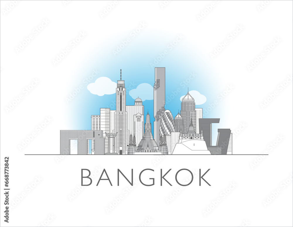Bangkok, Thailand cityscape line art style vector illustration