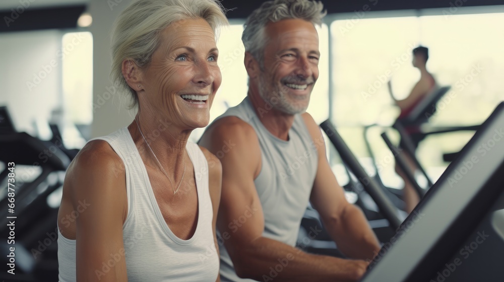 Mature couple smiling while exercising on treadmills in a gym.