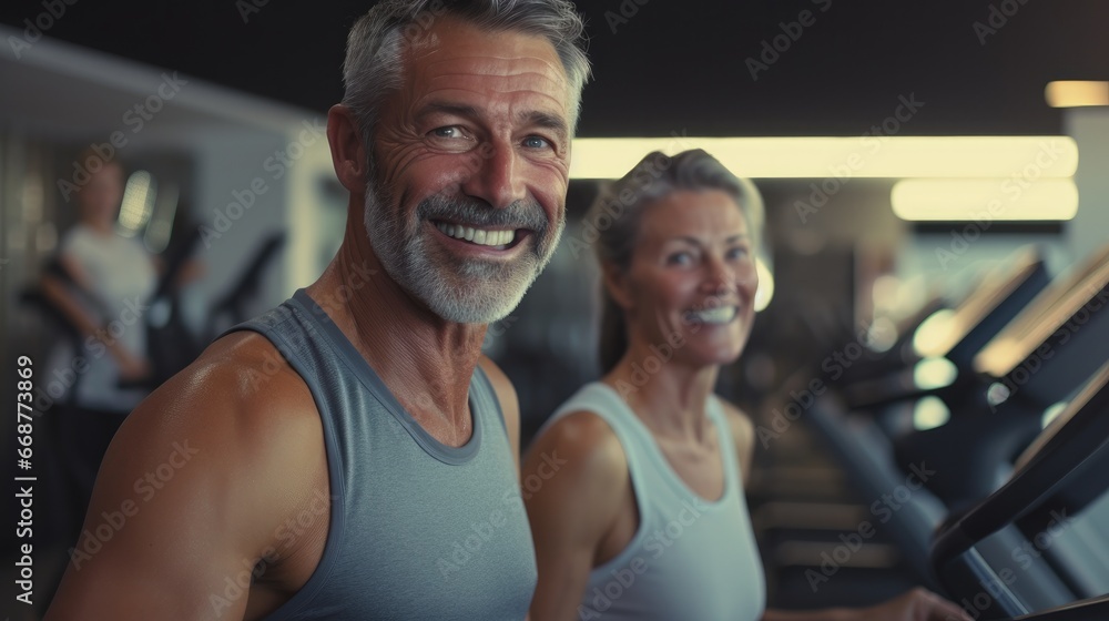 oyful senior couple on treadmills at a fitness club.

