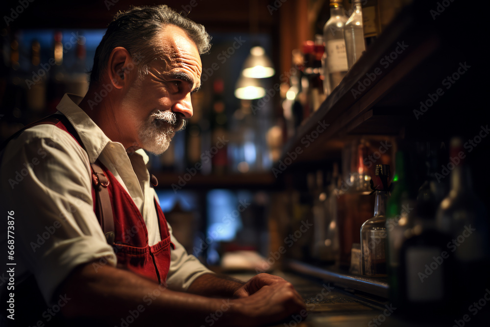 Man in Bar at Soft Ambient Lighting. Close-up of Barman Standing and Waiting for Next Customer in Urban Pub Shop Counter at Happy Hour. Man in Bar at Soft Ambient Lighting. Close-up of Barman Standing and Waiting for Next Customer in Urban Pub Shop Counter at Happy Hour.