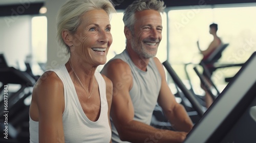 Mature couple smiling while exercising on treadmills in a gym.