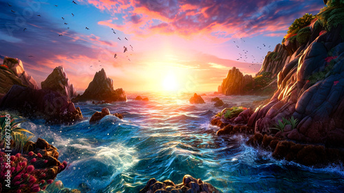 Sketching the Elements Watercolor artwork showcases a stormy sea, rocky shores, and a captivating sunset 3d illustration high quality