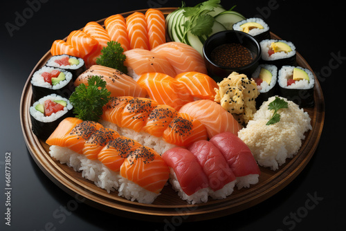 Sushi party tray on black table