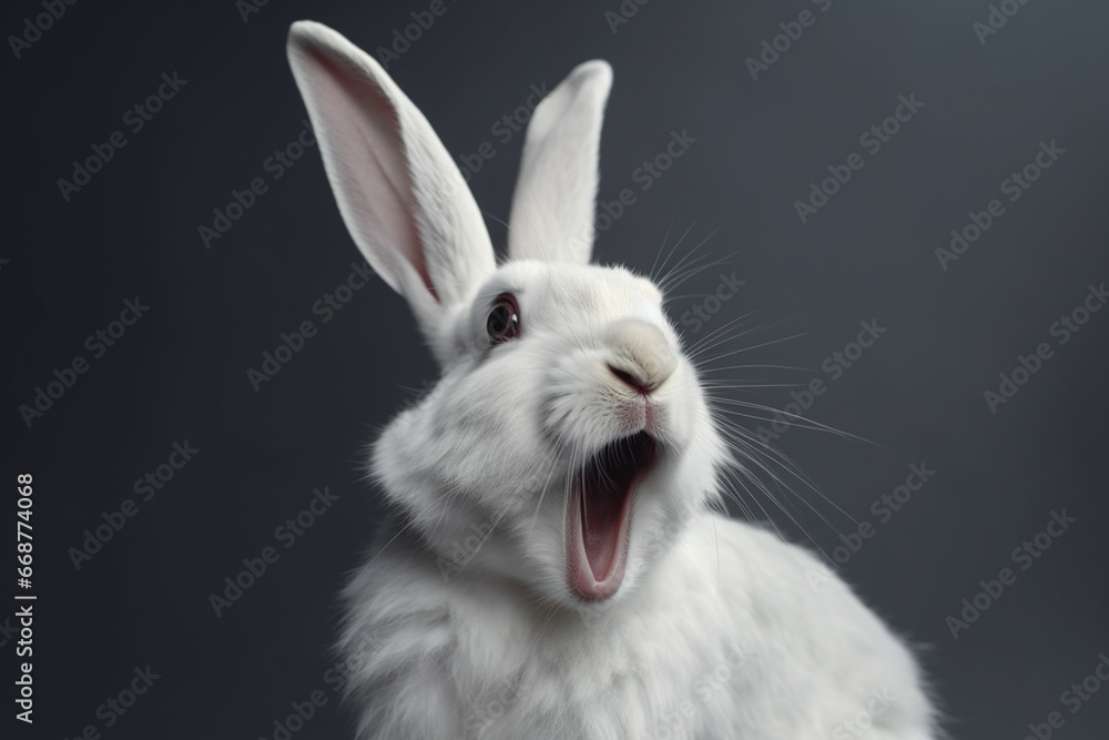 Cute white rabbit on grey background, closeup. Easter bunny