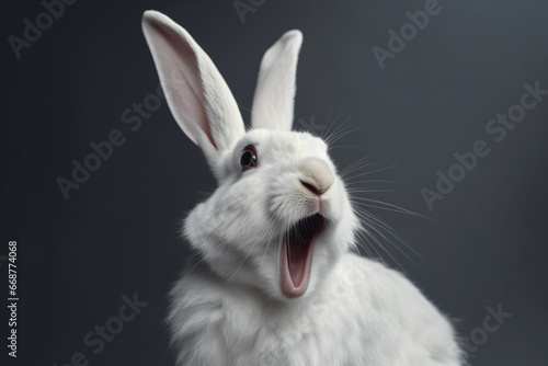 Obraz na płótnie Cute white rabbit on grey background, closeup. Easter bunny w salonie