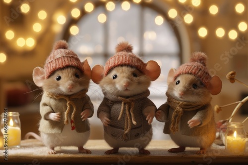 Three cute hamsters in hats with Christmas balls, 3D animation