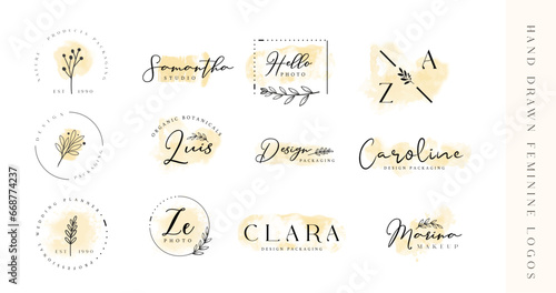 Vector hand drawn feminine logo templates set.	
