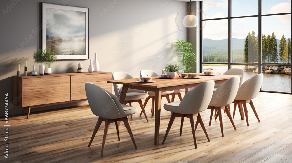 A minimalist dining room interior characterized by a round table and soft chairs, emphasizing simplicity and elegance.