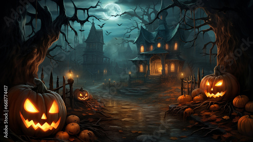 Scary pumpkin scarecrow in a hat on a cornfield in cloudy weather halloween holiday background