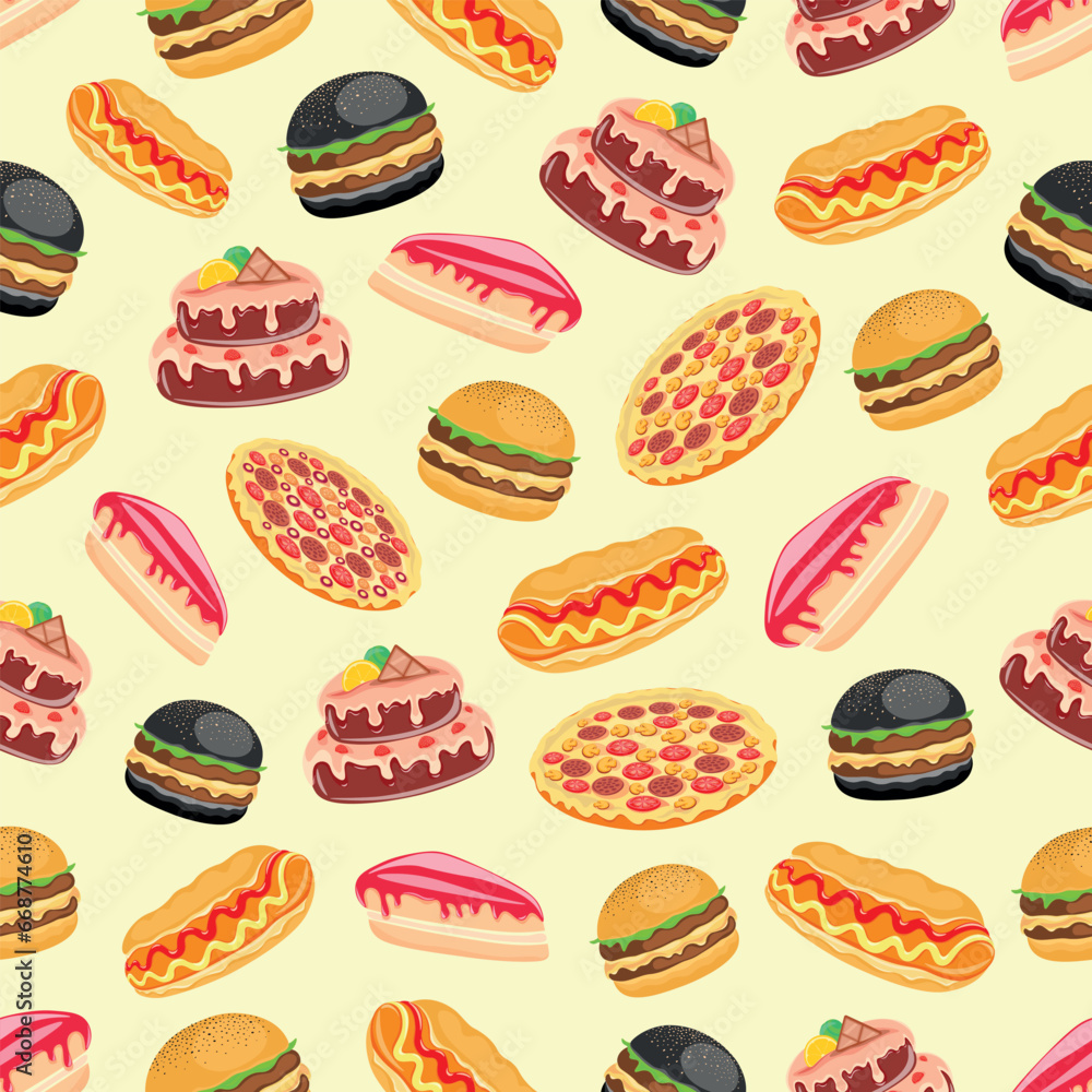 A wide range of fast food from flour products and desserts, taste, pizza, burger, hot-dog, cheesecake, cake, cooking, live tasty, food, contour, vector illustration, pattern A wide range of fast food from flour products and desserts, taste, pizza, burger, hot-dog, cheesecake, cake, cooking, live tasty, food, contour, vector illustration, pattern
