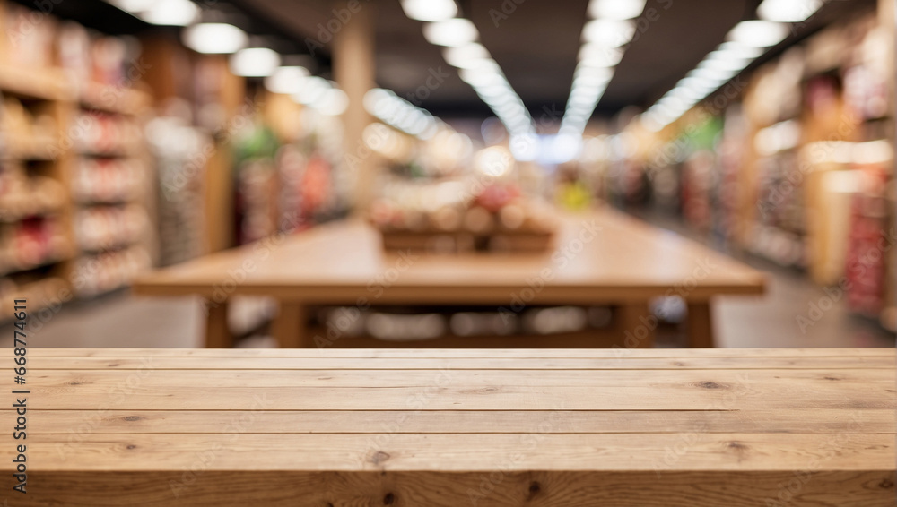 Empty wooden table in Supermarket and blurred background