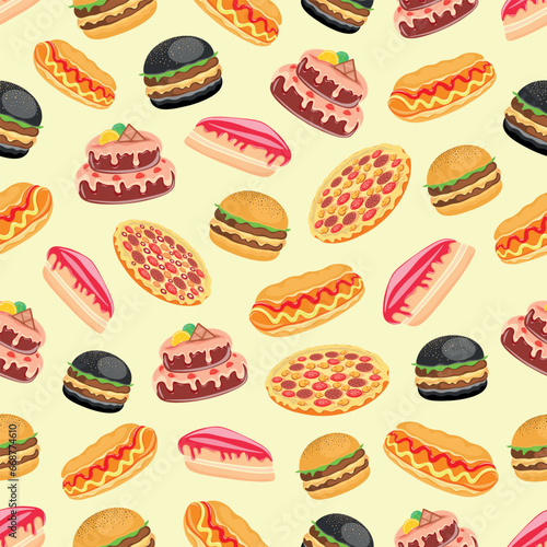 A wide range of fast food from flour products and desserts  taste  pizza  burger  hot-dog  cheesecake  cake  cooking  live tasty  food  contour  vector illustration  pattern 