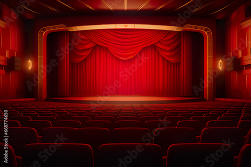 Elegant red movie theater with red curtain, stage, chairs