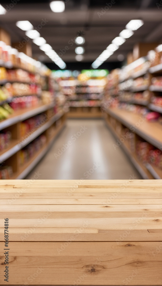 Fototapeta premium Empty wooden table in Supermarket and blurred background