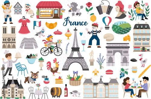 France symbols vector set. Big collection with French sights, food, Eiffel tower, people, baguette, croissant. Cute Paris icons with palaces, castle, mime, macaroon, bakery, Marianne.