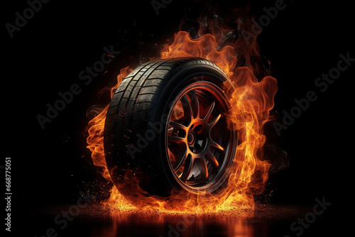 Obraz na płótnie Car wheel burning in fire on black background. 3d illustration. w salonie