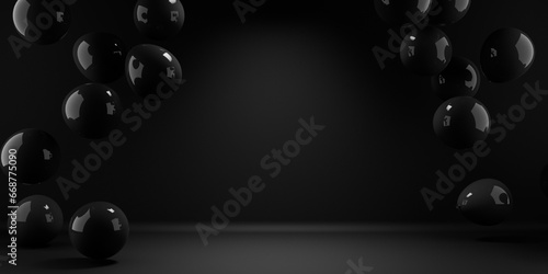 Black friday background with black balloons flying in empty space. Holiday shopping sale design mockup.