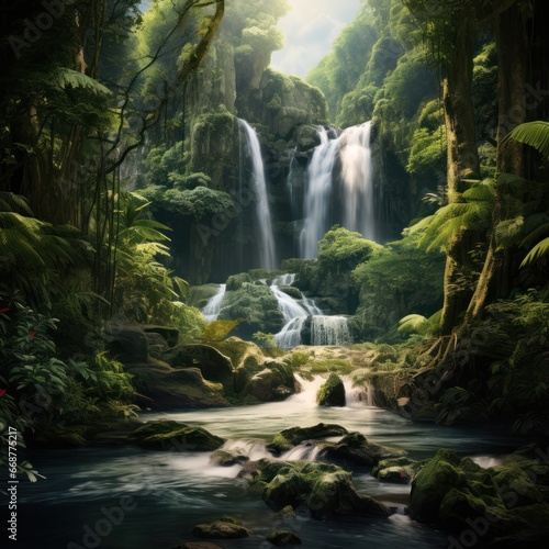 Lush forest frames cascading waterfall.
