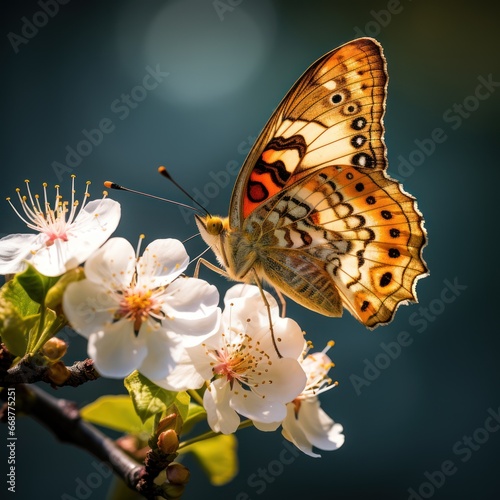 Delicate butterfly sips nectar from blossom in close-up.
