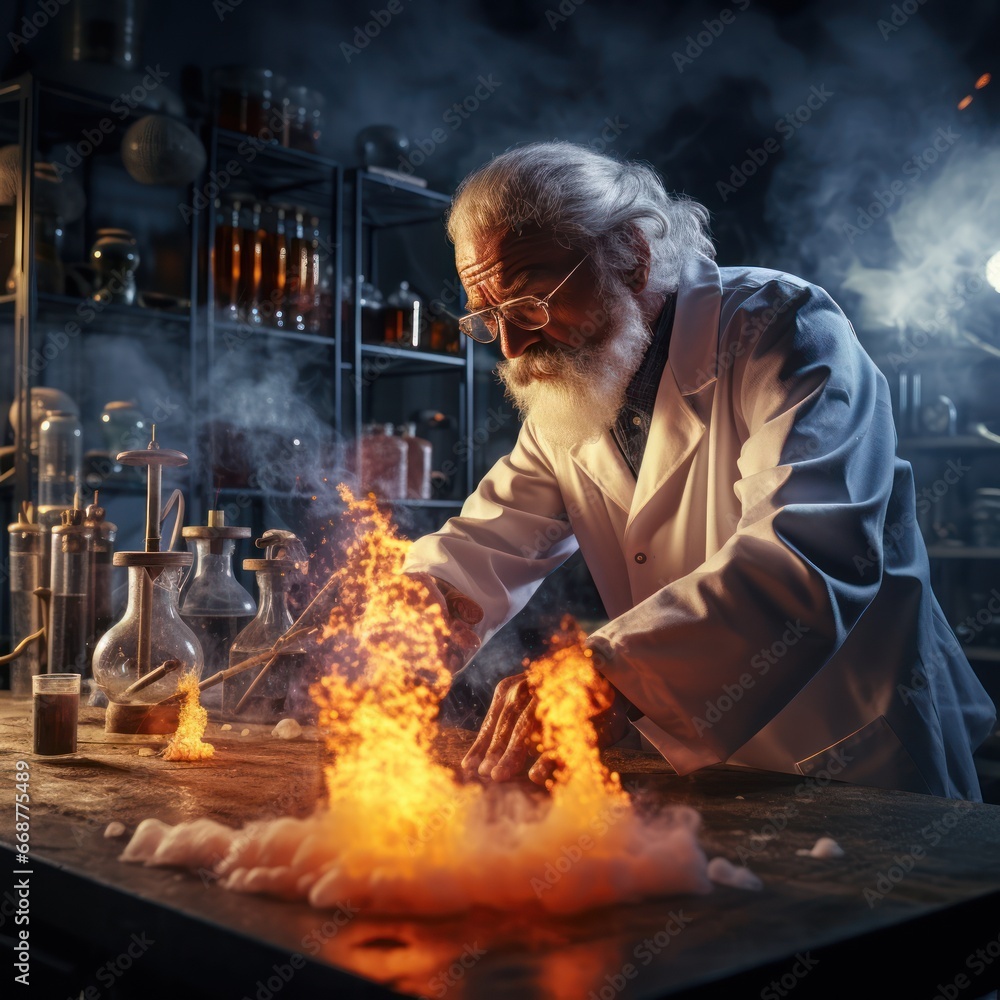 Scientist closely observes chemical reaction in lab. Scientist closely observes chemical reaction in lab.