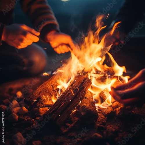 Twilight scene: Hands creating a cozy campfire