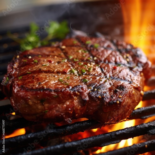 Sizzling steak on grill, up close.