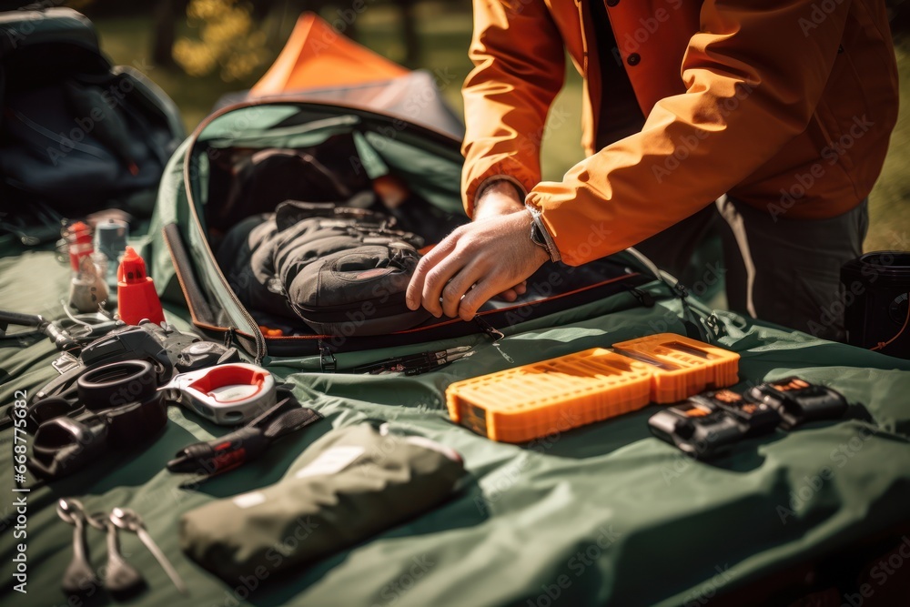 Hands assemble gear for outdoor adventure. Hands assemble gear for outdoor adventure.
