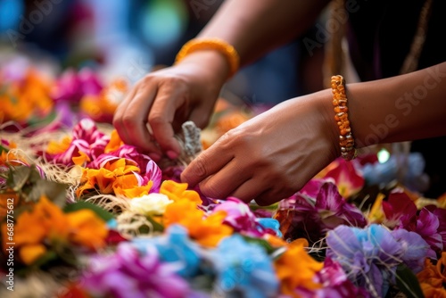 Hands carefully craft intricate floral garlands for festive celebration. photo