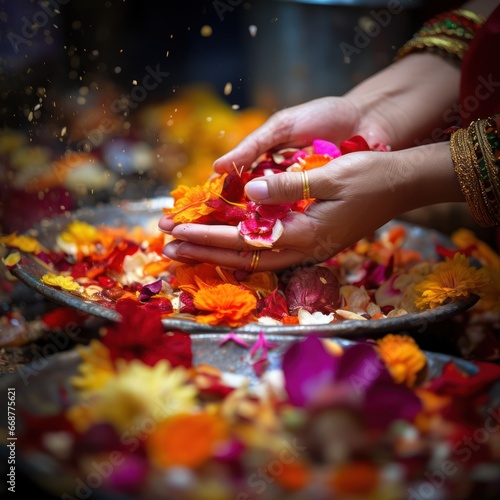 Temple's colorful offerings arranged by hands up close.