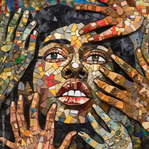Hands piece together diverse faces and emotions in mosaic.