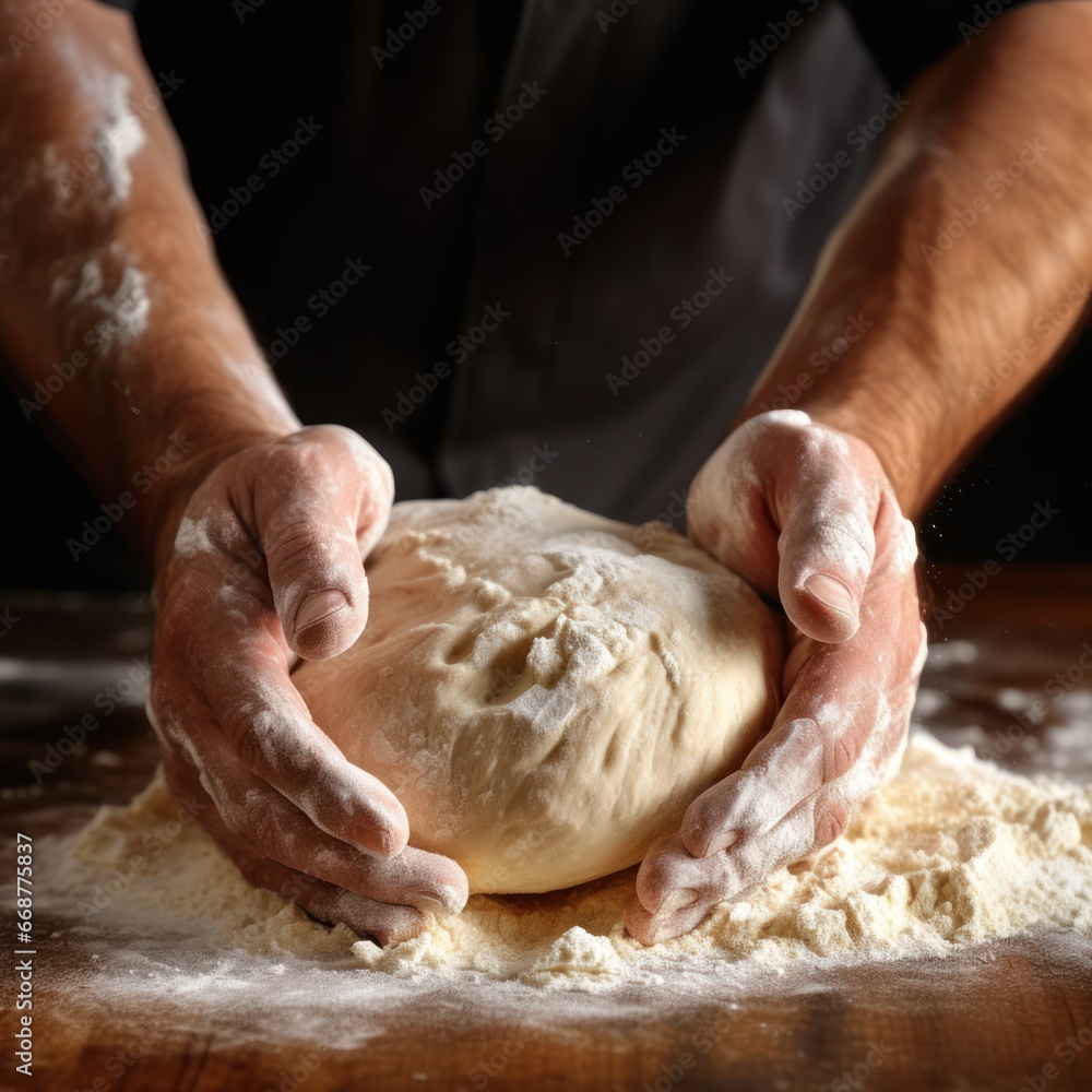 Handmade bread dough being kneaded and stretched up close.