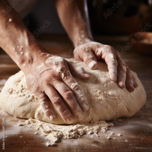 Hands working magic on homemade bread dough: Kneading and stretching up close.