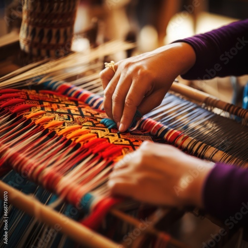 Hands weaving intricate patterns on a loom up close. photo
