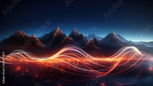 Abstract futuristic background with glowing neon lines, waves moving at high speed.