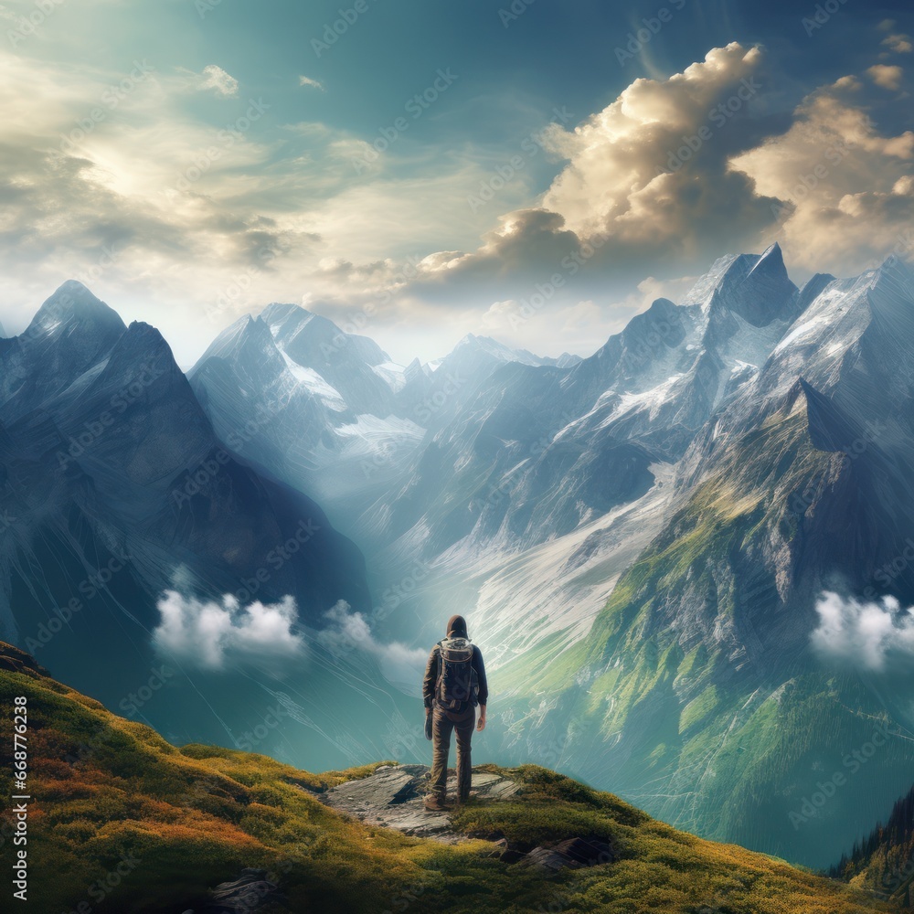 Hiker mesmerized by majestic mountain scenery, basking in awe-inspiring beauty.