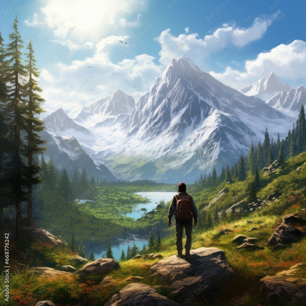 Hiker immersed in awe-inspiring beauty of majestic mountain. Hiker immersed in awe-inspiring beauty of majestic mountain.