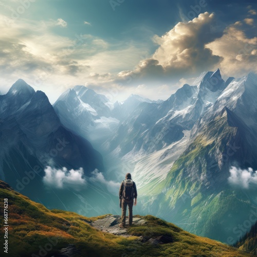 Hiker mesmerized by majestic mountain scenery, basking in awe-inspiring beauty. © Morphart