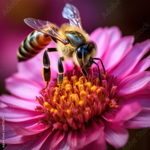 Busy bee sips sweet nectar from vivid flower. photo
