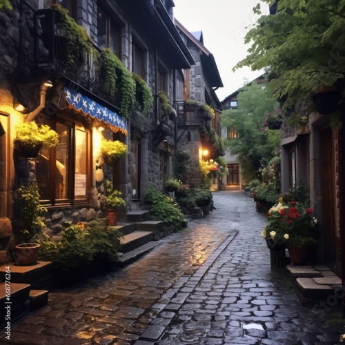 Charming shop-lined cobblestone alleyway with historic significance.